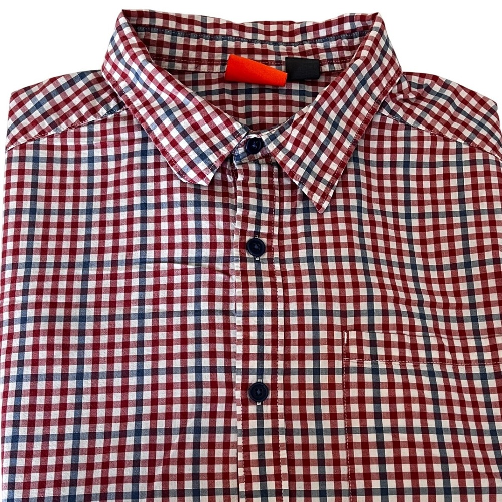 Merrell Mens XL Short Sleeve Button Down Shirt Red Navy Blue Gingham Check XL/TG